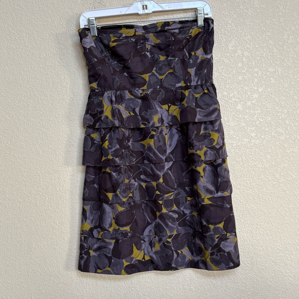J.Crew Strapless Floral Silk Tiered Dress Gray Yellow Women’s 2 Built-In Bra - Picture 2 of 7